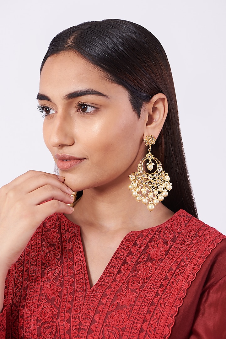 Gold Plated Chandbali Earrings With Pearls by Kiara