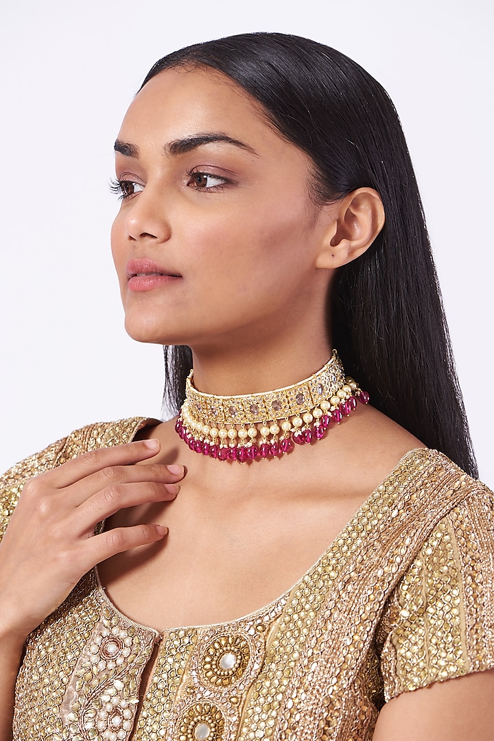 Gold Plated Kundan Polki & Pearl Choker Necklace by Kiara