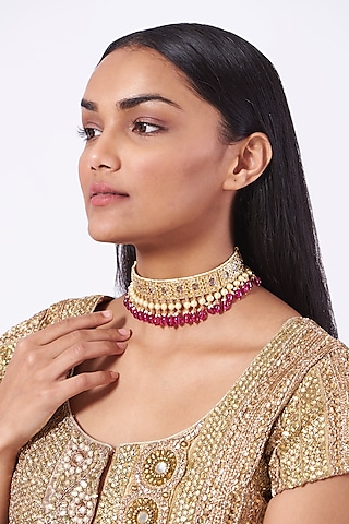 Gold Plated Kundan Polki & Pearl Choker Necklace by Kiara