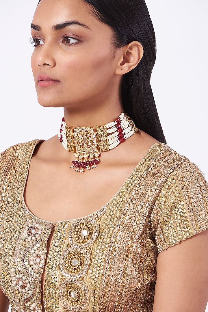 Gold Plated Choker Necklace With Red Onyx by Kiara
