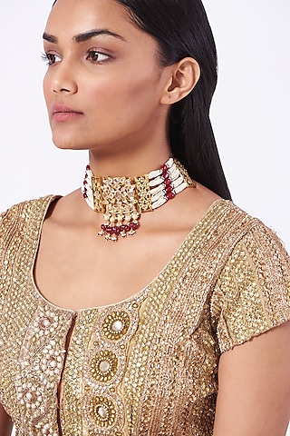 Gold Plated Choker Necklace With Red Onyx by Kiara