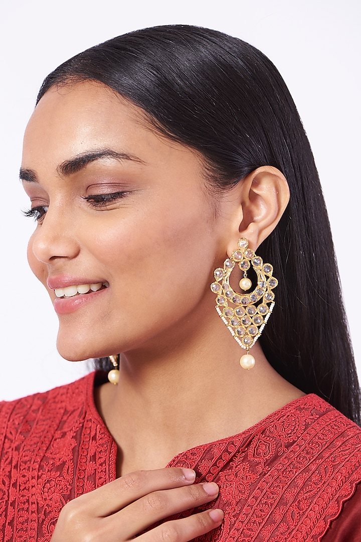 Gold Plated Kundan & Pearl Chandbali Earrings by Kiara