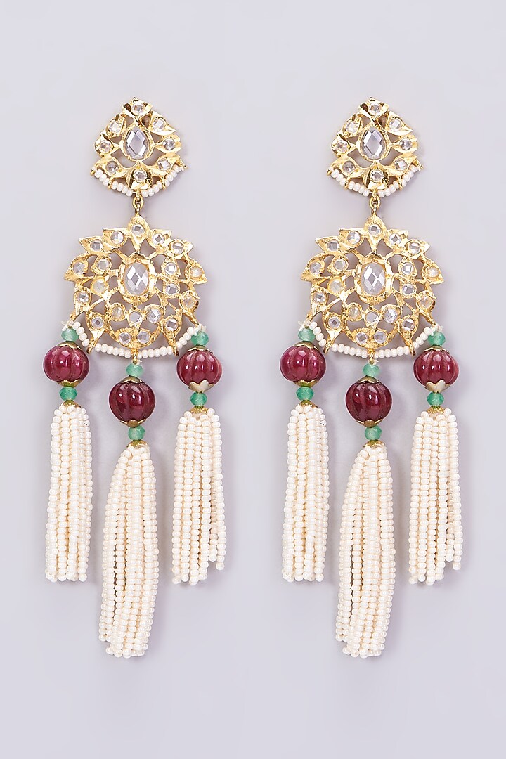 Gold Plated Pearl & Kundan Polki Dangler Earrings by Kiara at Pernia's Pop Up Shop
