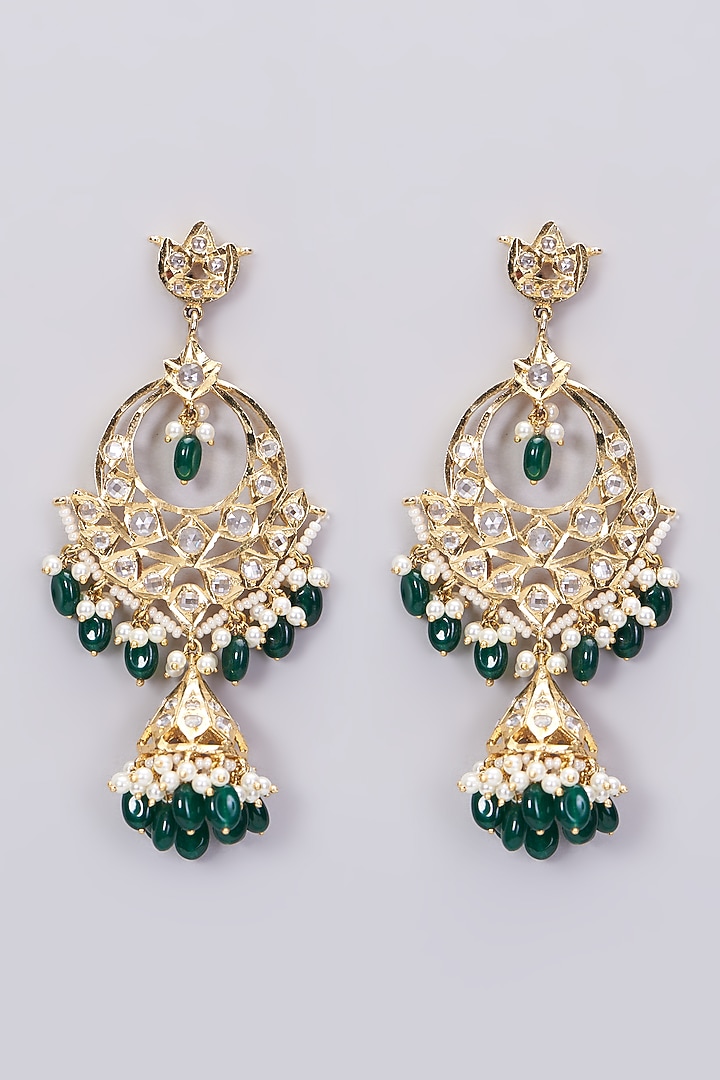 Gold Plated Pearl & Green Onyx Chandbali Earrings by Kiara at Pernia's Pop Up Shop