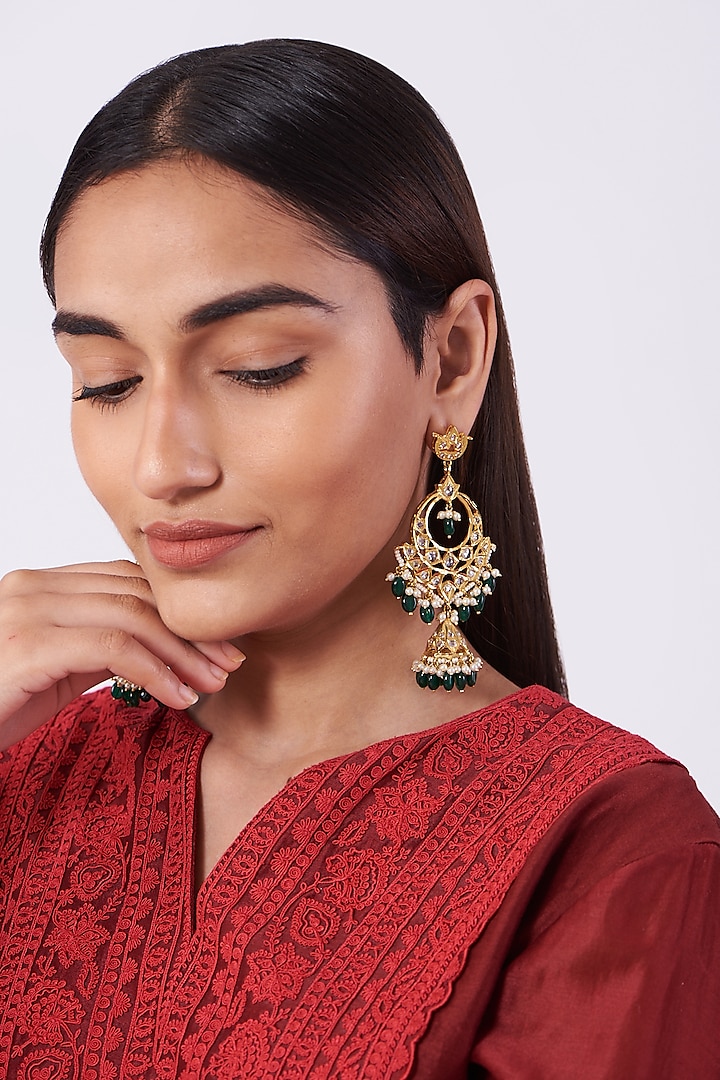 Gold Plated Pearl & Green Onyx Chandbali Earrings by Kiara