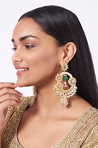 Gold Plated Kundan Polki Chandbali Earrings by Kiara