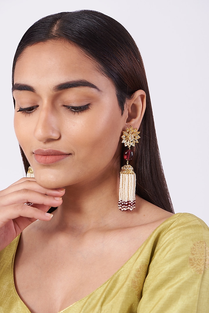 Gold Plated Dangler Earrings With Red Onyx by Kiara
