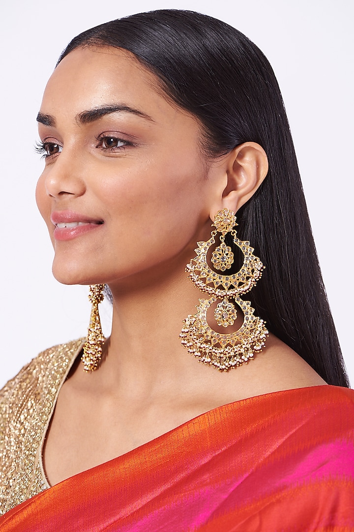 Gold Plated Chandbali Earrings With Red Onyx by Kiara