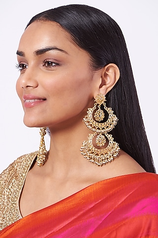 Gold Plated Chandbali Earrings With Red Onyx by Kiara