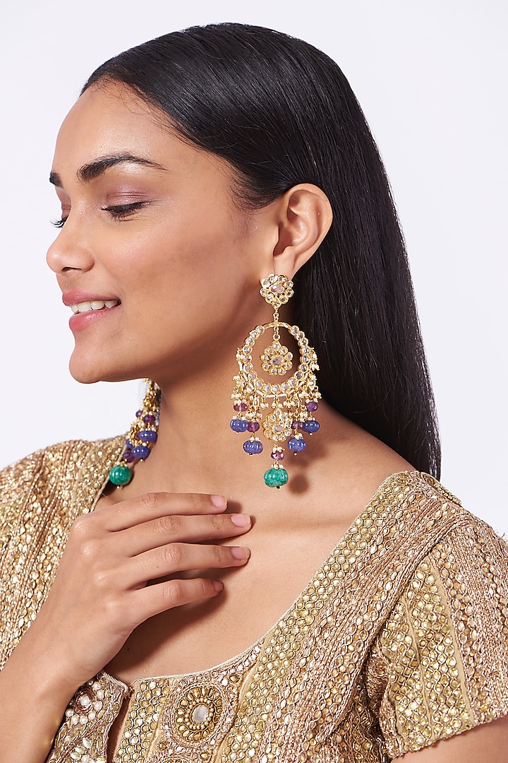 Gold Plated Blue Onyx Chandbali Earrings by Kiara