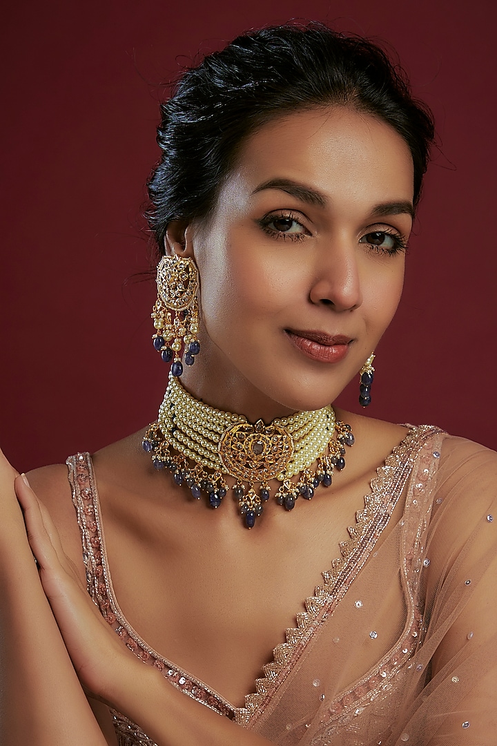 Gold Plated Kundan Polki & Blue Beaded Choker Necklace Set by Kiara at Pernia's Pop Up Shop