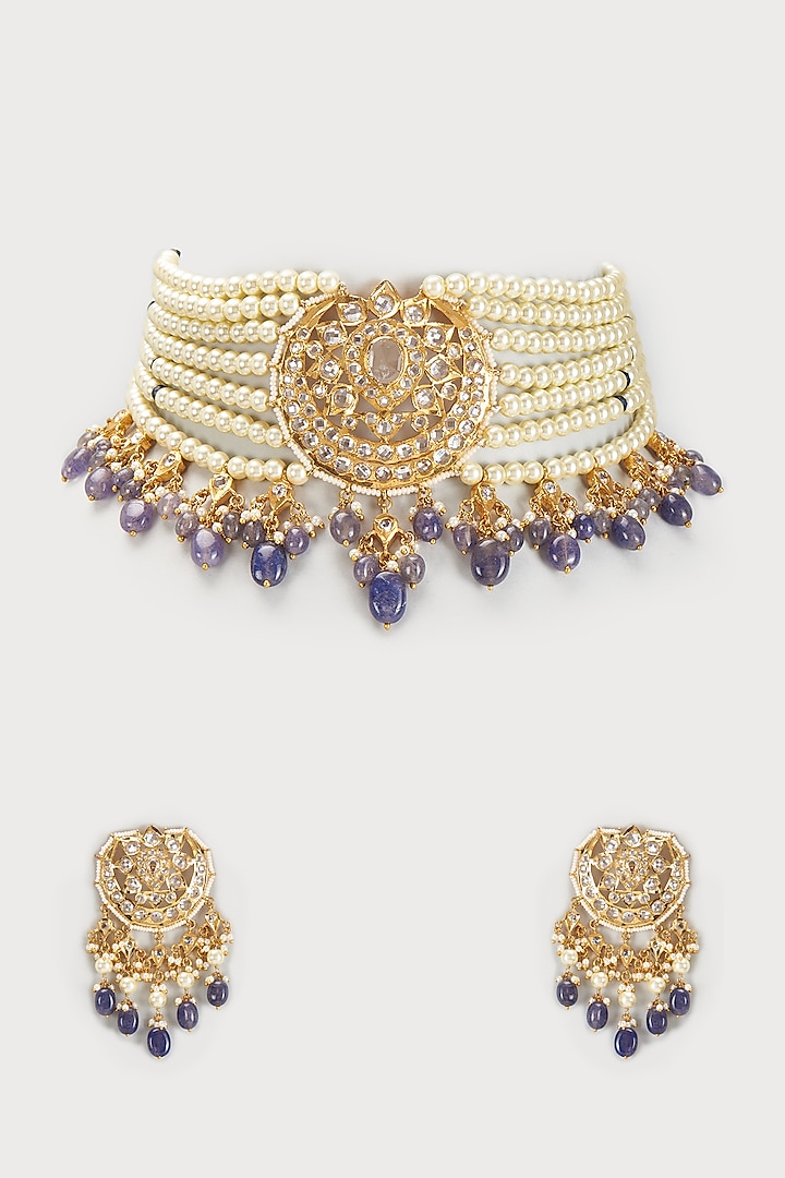 Gold Plated Kundan Polki & Blue Beaded Choker Necklace Set by Kiara at Pernia's Pop Up Shop
