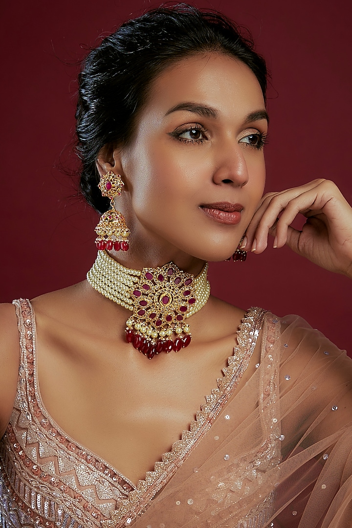 Gold Plated Kundan Polki & Red Beaded Choker Necklace Set by Kiara at Pernia's Pop Up Shop