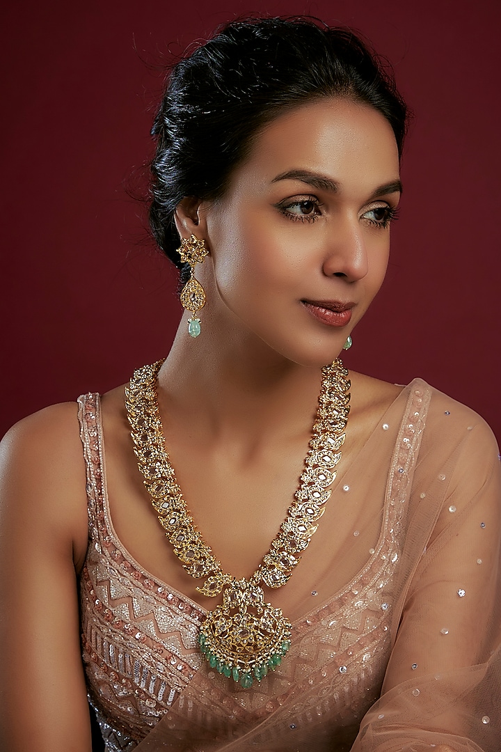 Gold Plated Kundan Polki & Green Beaded Long Necklace Set by Kiara at Pernia's Pop Up Shop