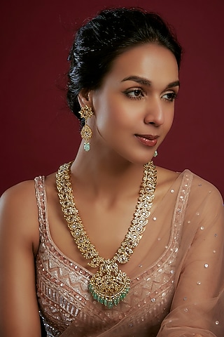 Gold Plated Kundan Polki & Green Beaded Long Necklace Set by Kiara