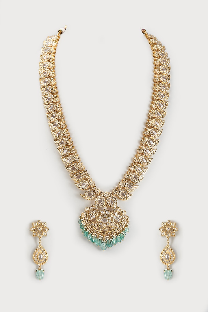 Gold Plated Kundan Polki & Green Beaded Long Necklace Set by Kiara at Pernia's Pop Up Shop