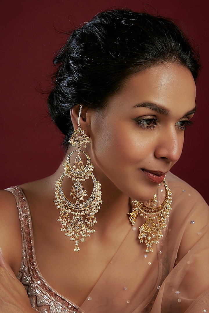 Gold Plated Kundan Polki & Pearl Chandbaali Earrings by Kiara at Pernia's Pop Up Shop