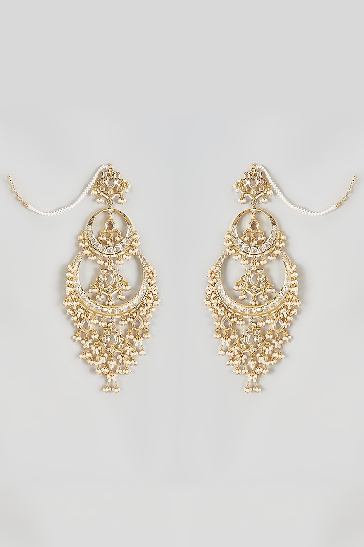 Gold Plated Kundan Polki & Pearl Chandbaali Earrings by Kiara at Pernia's Pop Up Shop