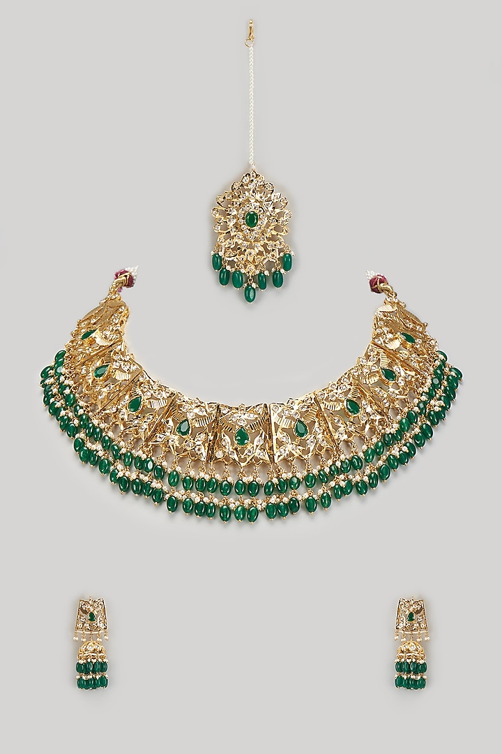 Gold Plated Kundan Polki & Green Beaded Choker Necklace Set by Kiara at Pernia's Pop Up Shop
