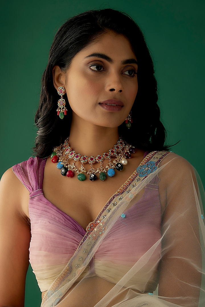 Gold Plated Kundan Polki & Navratna Beaded Choker Necklace Set by Kiara at Pernia's Pop Up Shop