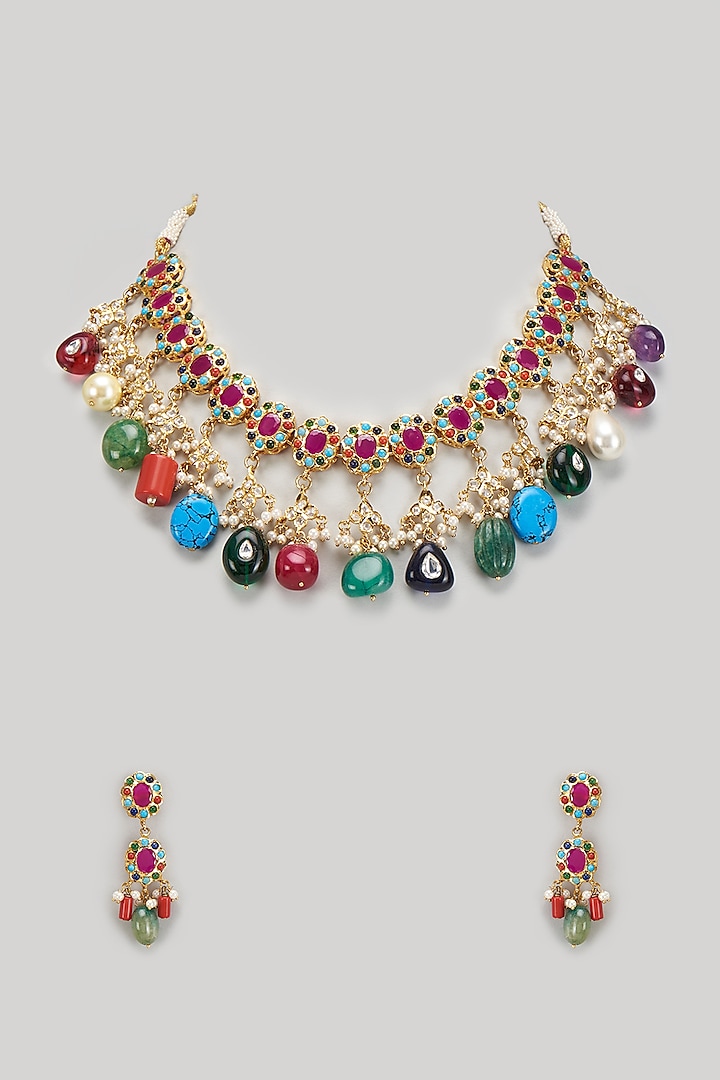 Gold Plated Kundan Polki & Navratna Beaded Choker Necklace Set by Kiara at Pernia's Pop Up Shop
