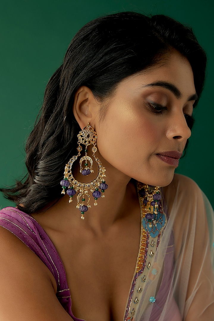 Gold Plated Kundan Polki & Purple Onyx Chandbali Earrings by Kiara at Pernia's Pop Up Shop