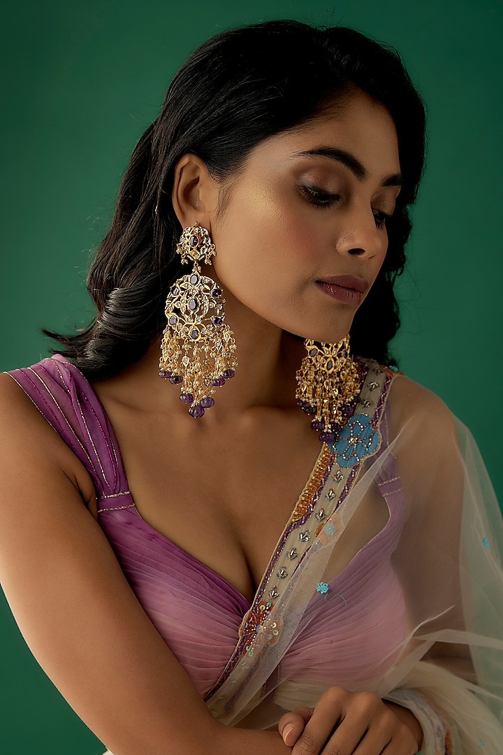 Gold Plated Kundan Polki & Purple Onyx Chandbali Earrings by Kiara at Pernia's Pop Up Shop