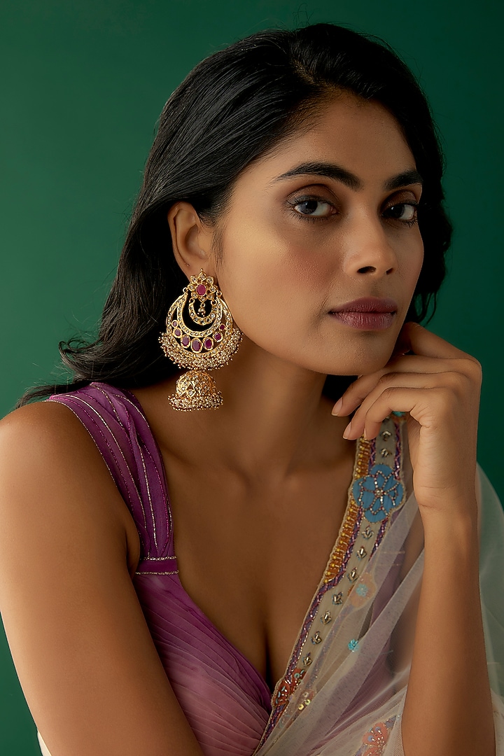 Gold Plated Kundan Polki & Red Onyx Chandbali Earrings by Kiara at Pernia's Pop Up Shop