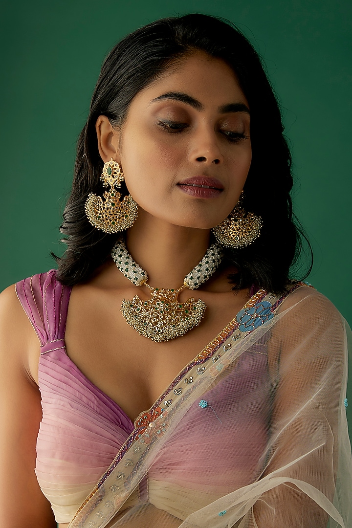 Gold Plated Kundan Polki & Green Beaded Necklace Set by Kiara at Pernia's Pop Up Shop