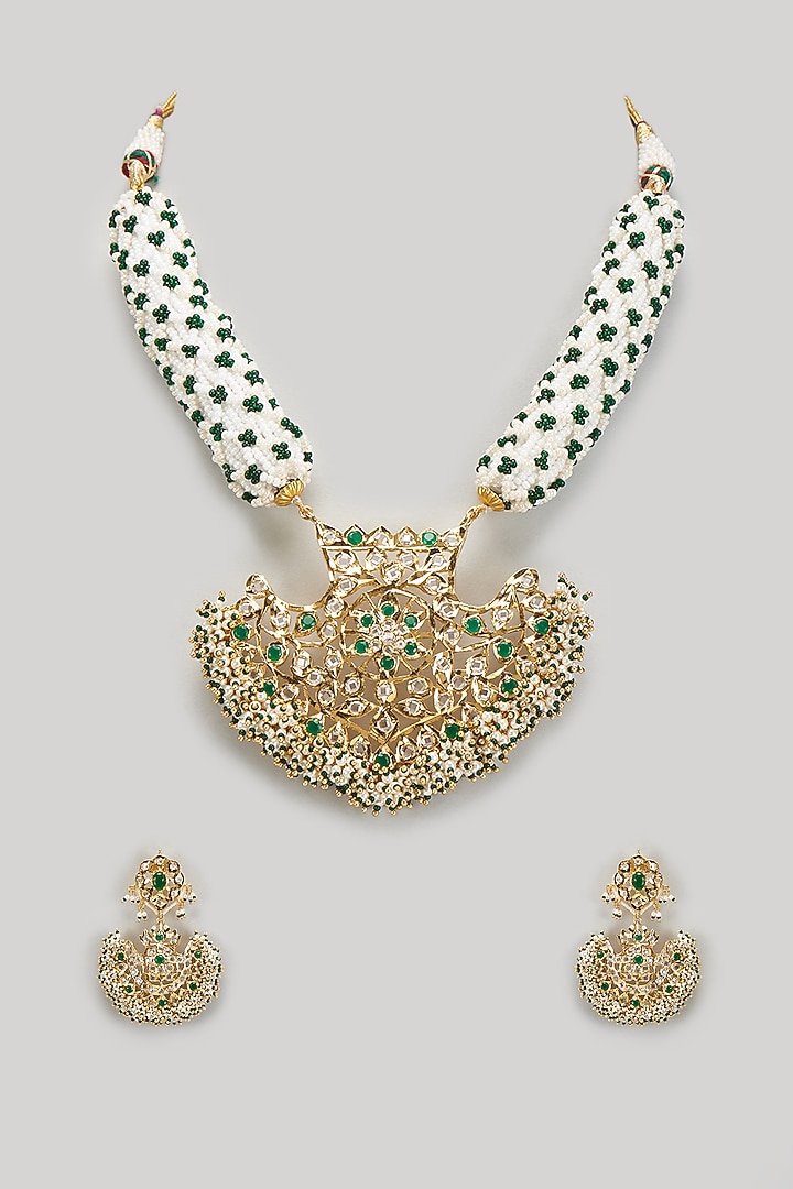 Gold Plated Kundan Polki & Green Beaded Necklace Set by Kiara at Pernia's Pop Up Shop