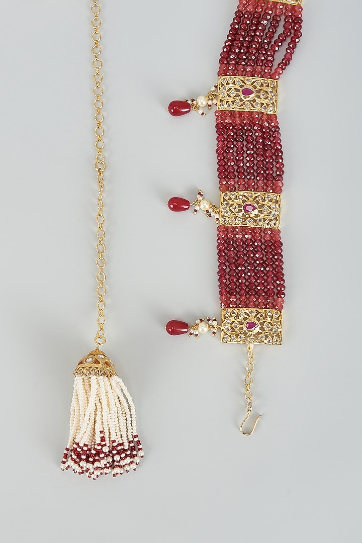 Gold Plated Kundan Polki & Red Beaded Waistbelt by Kiara at Pernia's Pop Up Shop