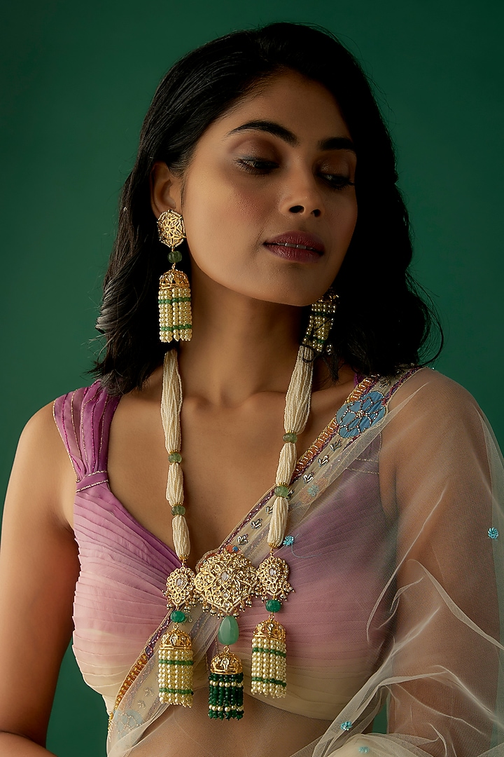 Gold Plated Kundan Polki & Green Beaded Long Necklace Set by Kiara at Pernia's Pop Up Shop