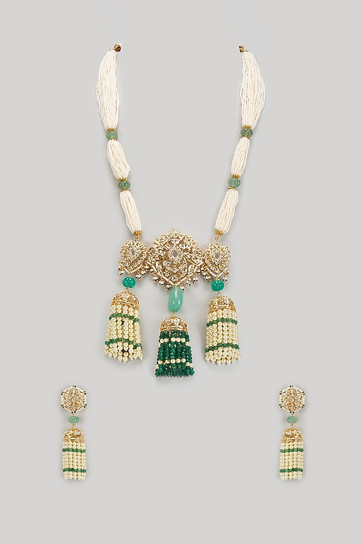 Gold Plated Kundan Polki & Green Beaded Long Necklace Set by Kiara at Pernia's Pop Up Shop