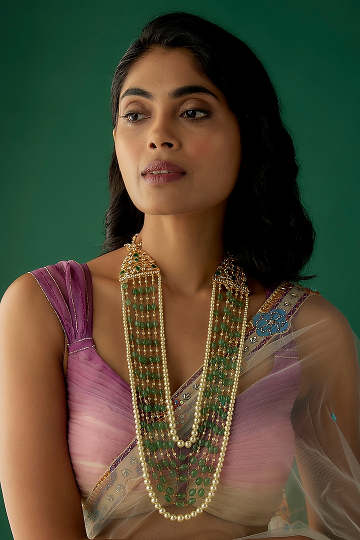 Gold Plated Kundan Polki & Green Beaded Long Necklace by Kiara at Pernia's Pop Up Shop