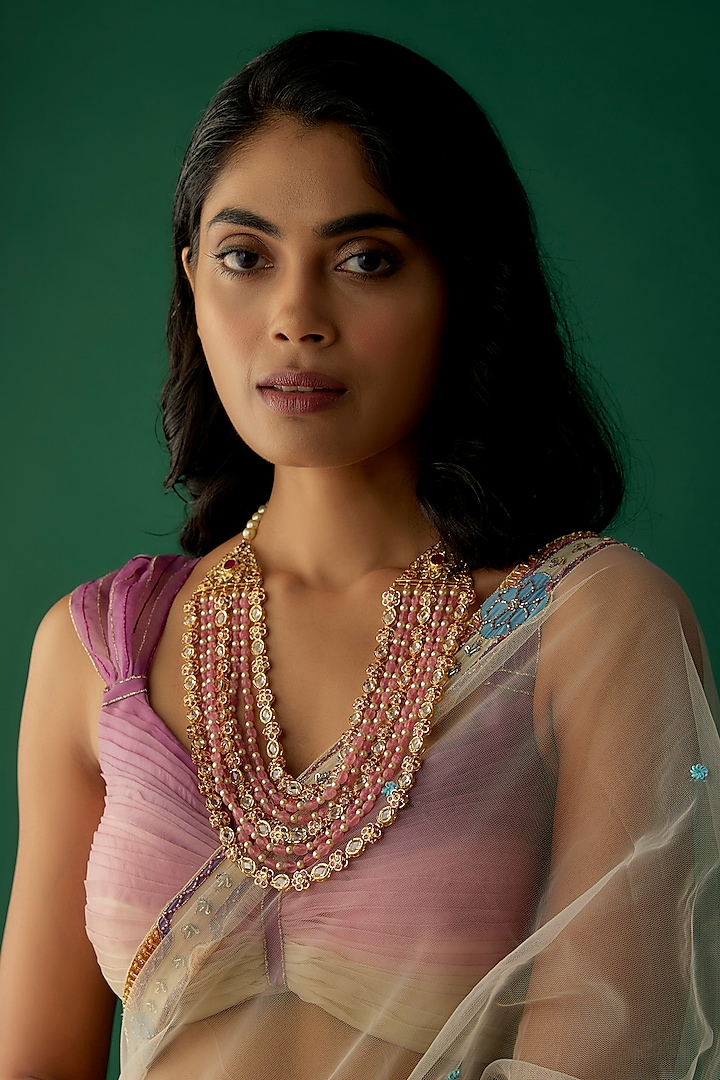 Gold Plated Kundan Polki & Pink Onyx Long Necklace by Kiara at Pernia's Pop Up Shop