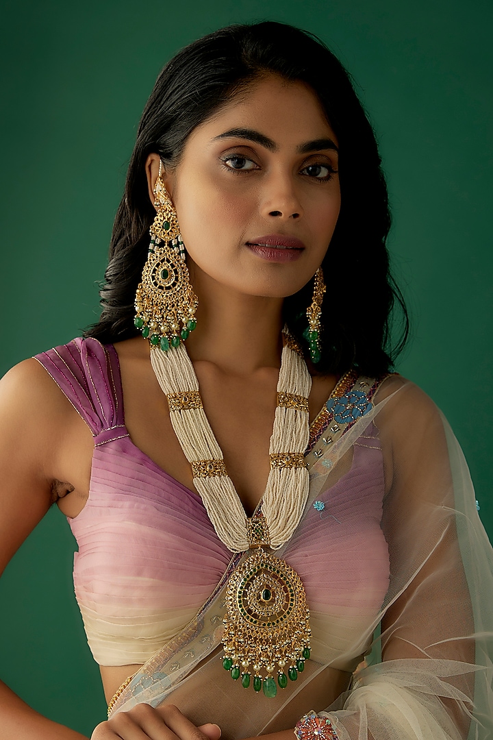 Gold Plated Kundan Polki & Green Beaded Long Necklace Set by Kiara at Pernia's Pop Up Shop