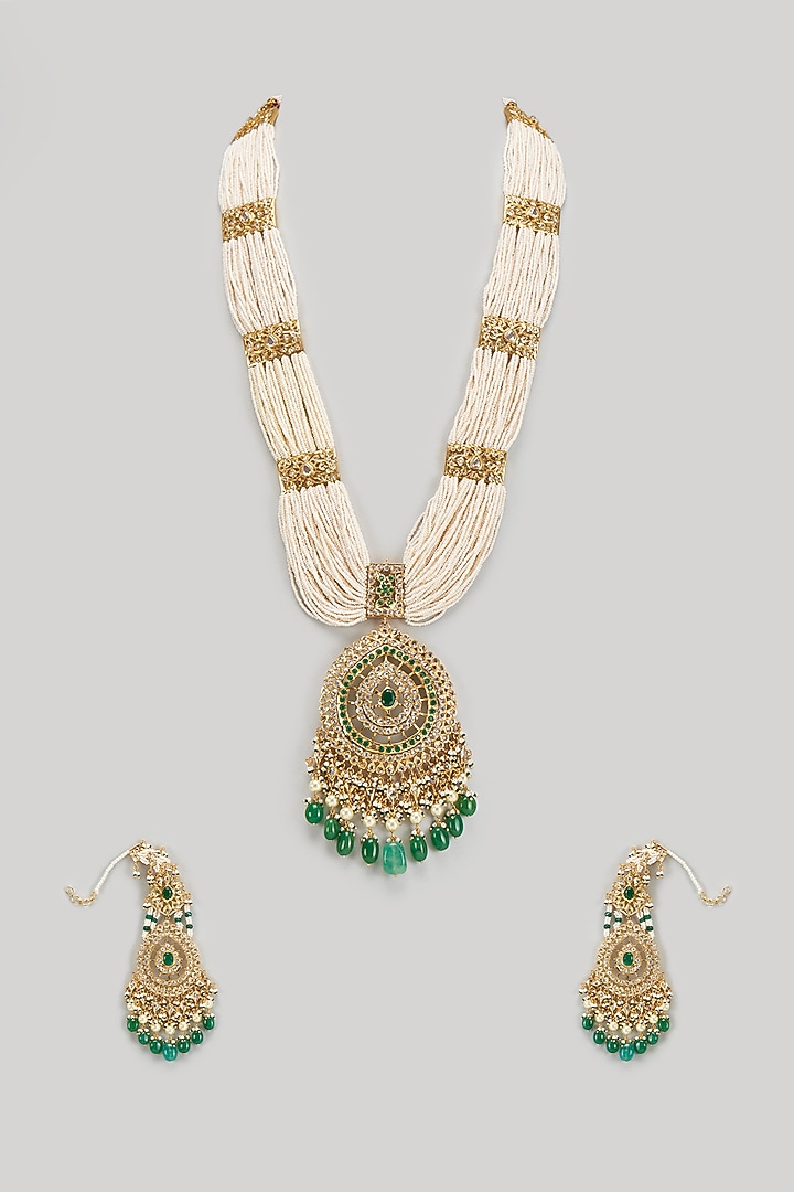 Gold Plated Kundan Polki & Green Beaded Long Necklace Set by Kiara at Pernia's Pop Up Shop