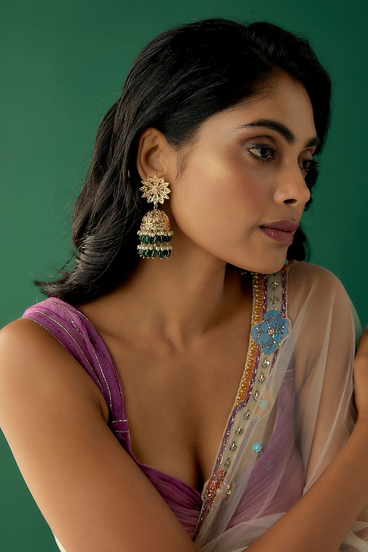Gold Plated Kundan Polki & Green Onyx Jhumka Earrings by Kiara at Pernia's Pop Up Shop