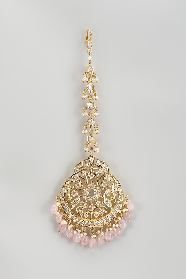 Gold Plated Kundan Polki & Pink Onyx Maangtikka by Kiara at Pernia's Pop Up Shop
