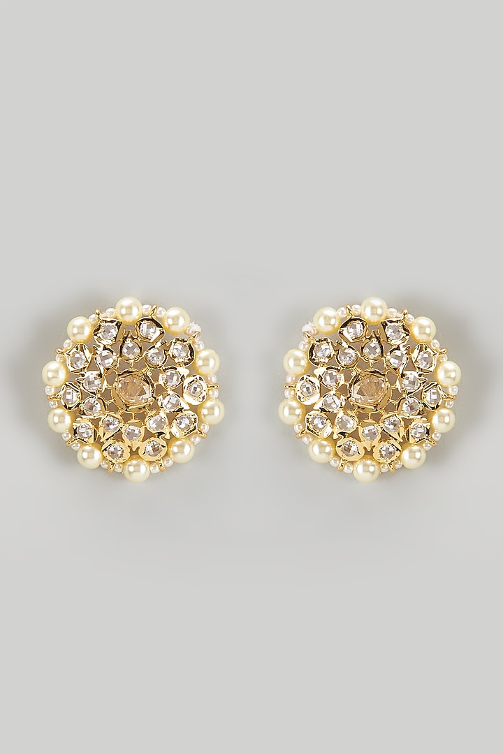 Gold Plated Kundan Polki & Pearl Stud Earrings by Kiara at Pernia's Pop Up Shop