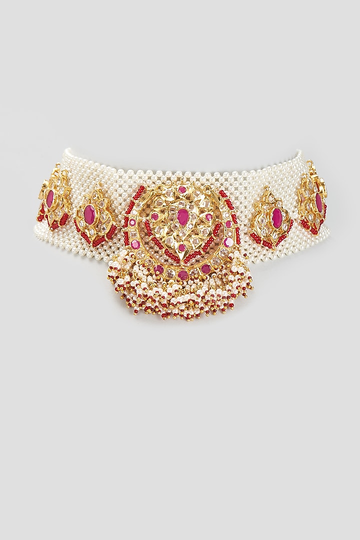 Gold Plated Kundan Polki & Red Beaded Choker Necklace by Kiara at Pernia's Pop Up Shop
