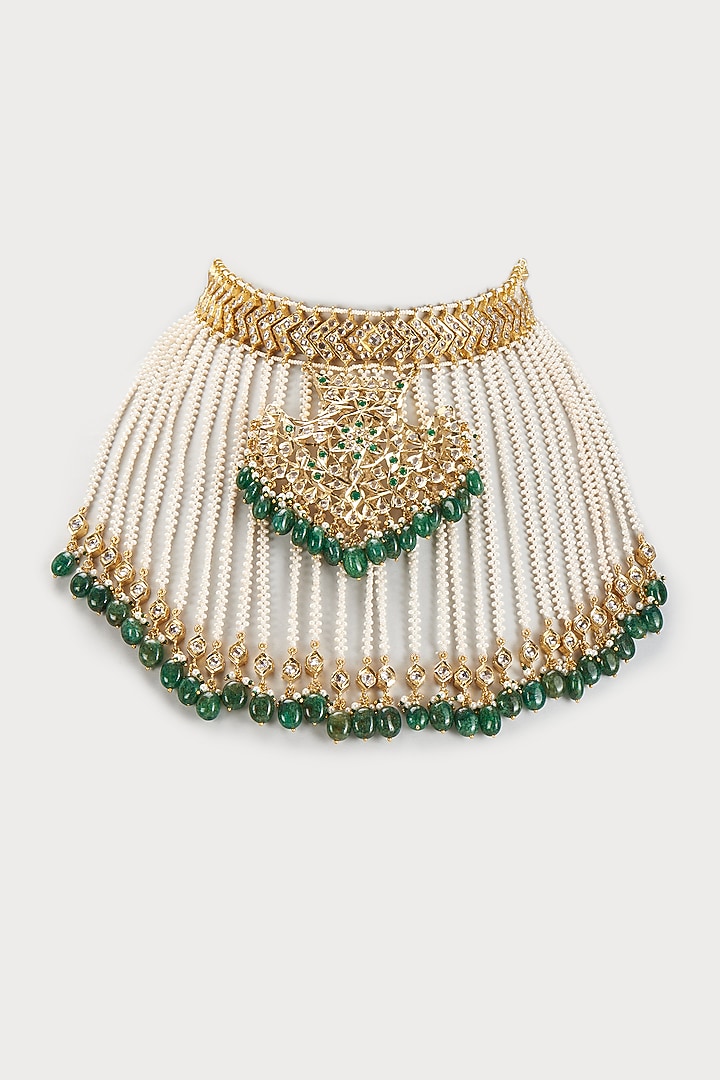 Gold Plated Kundan Polki & Green Beaded Choker Necklace by Kiara at Pernia's Pop Up Shop