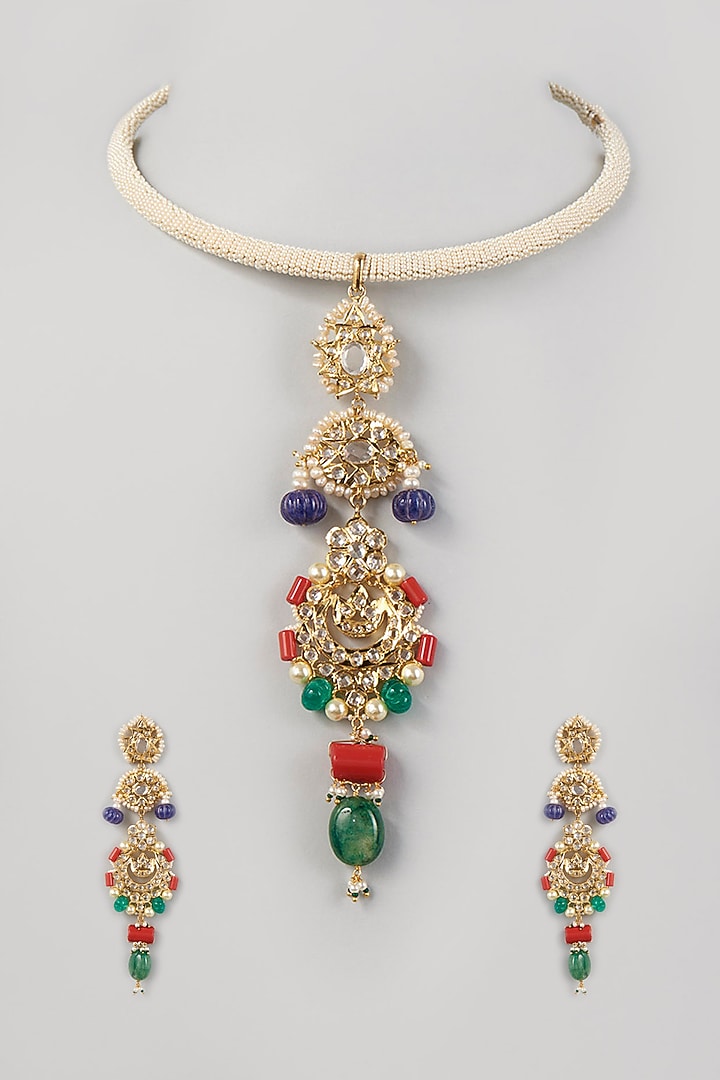 Gold Plated Navratan Choker Necklace Set Design by Kiara at Pernia's