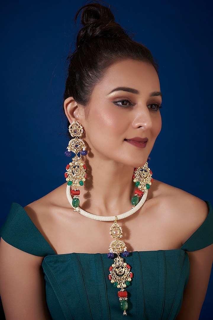 Gold Plated Navratan Choker Necklace Set by Kiara at Pernia's Pop Up Shop