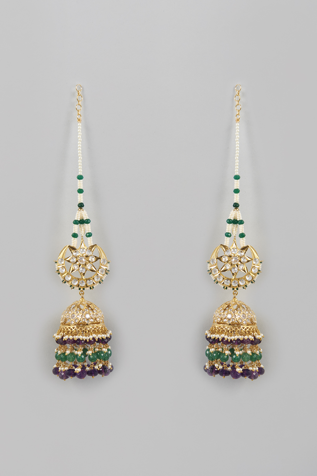 Gold Plated Kundan Polki & Onyx Jhumka Earrings by Kiara