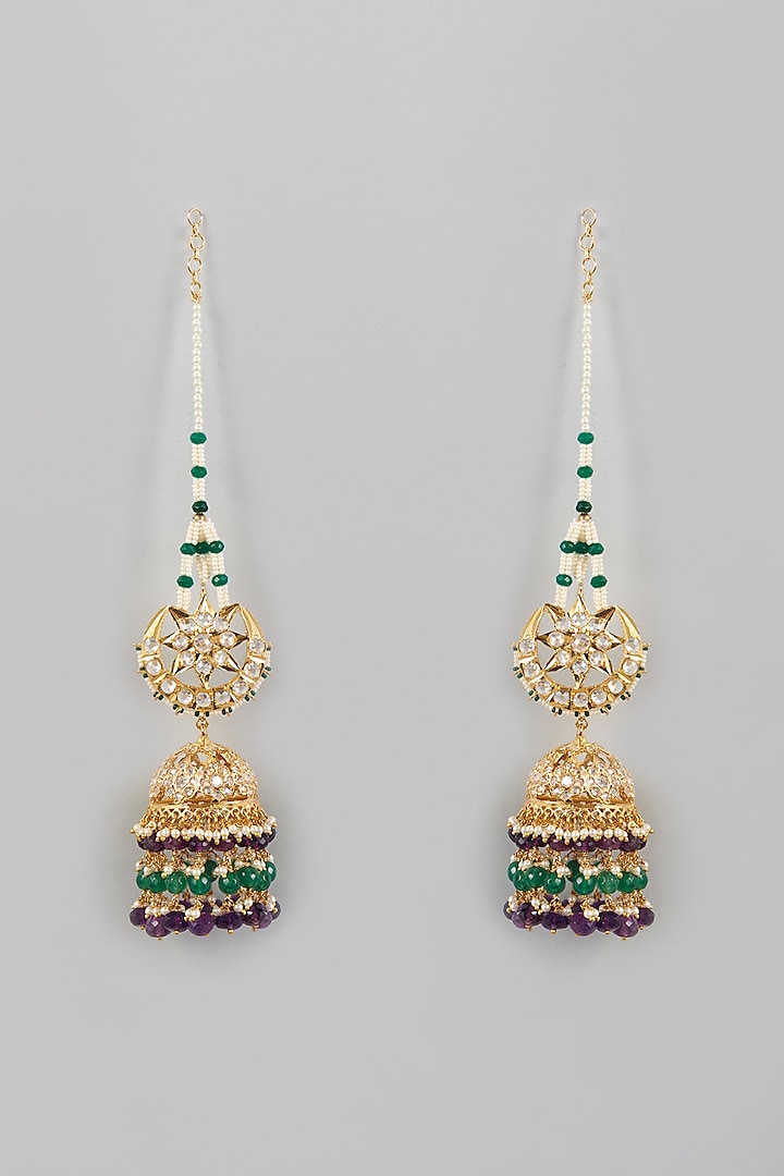 Gold Plated Kundan Polki & Onyx Jhumka Earrings by Kiara