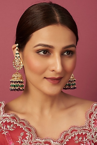 Gold Plated Kundan Polki & Onyx Jhumka Earrings by Kiara