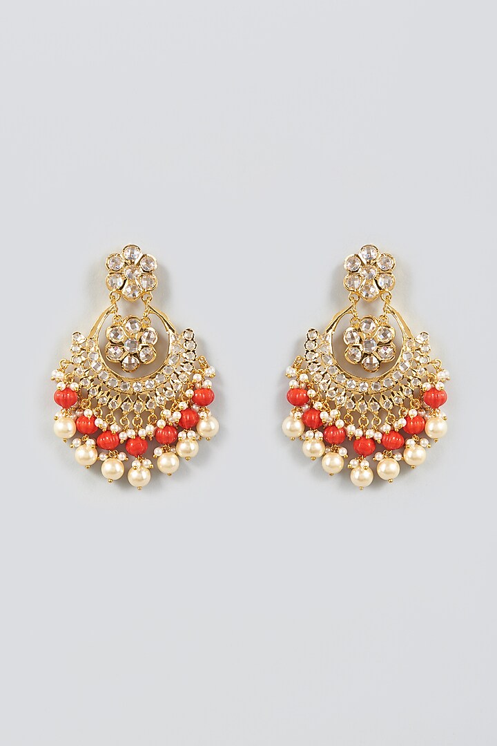Gold Plated Kundan Polki & Coral Stones Chandbali Earrings by Kiara at Pernia's Pop Up Shop