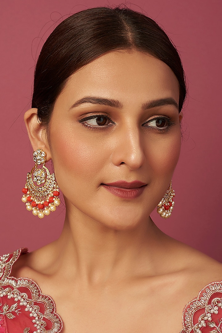 Gold Plated Kundan Polki & Coral Stones Chandbali Earrings by Kiara at Pernia's Pop Up Shop