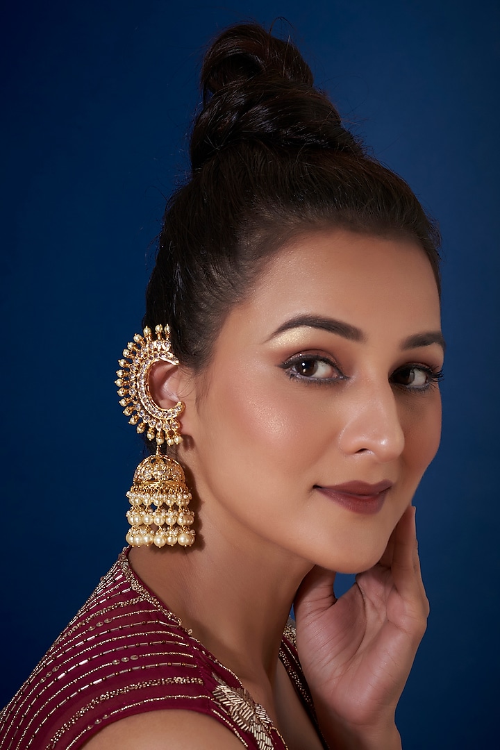 Gold Plated Kundan Polki Ear Cuff Jhumka Earrings by Kiara